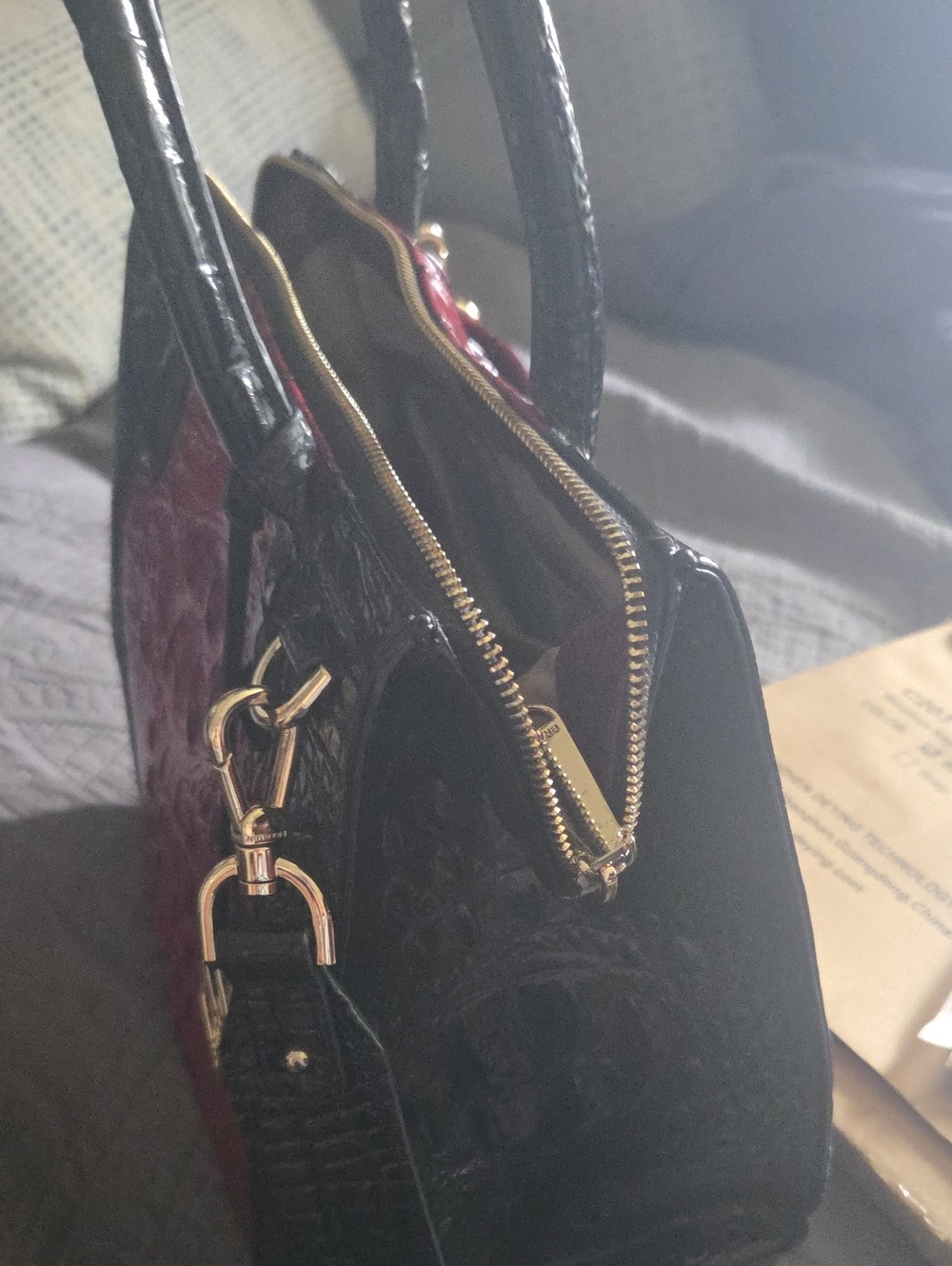 Brahmin Red and Black Croc-Embossed Satchel with Top Handles - Picture 7 of 8